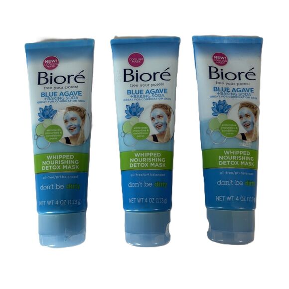 (3) Biore Blue Agave & Baking Soda Whipped Detox Mask 4oz Discontinued New - Picture 1 of 4
